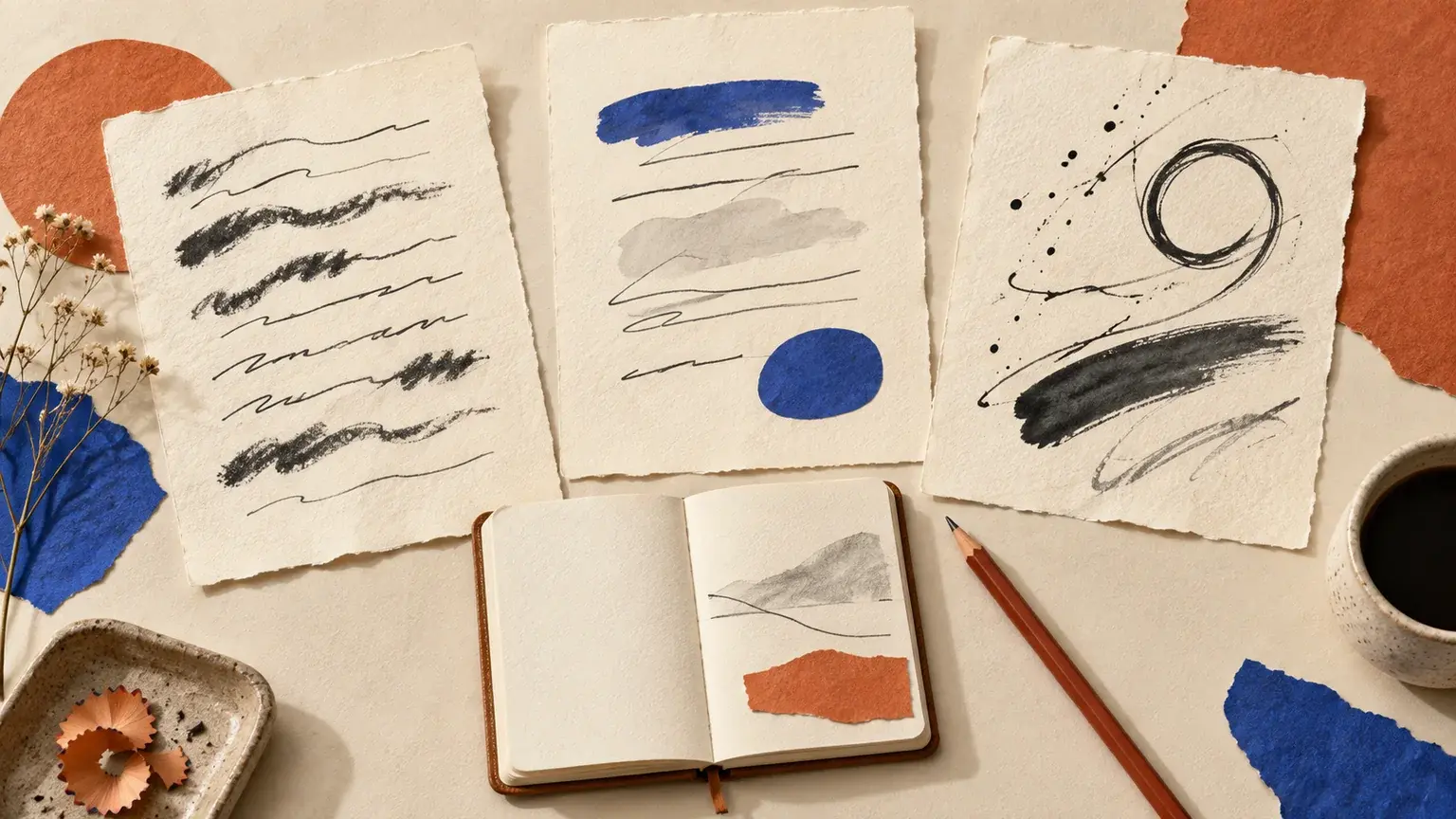 Three manuscript samples beside a notebook and pencil on an ivory desk.