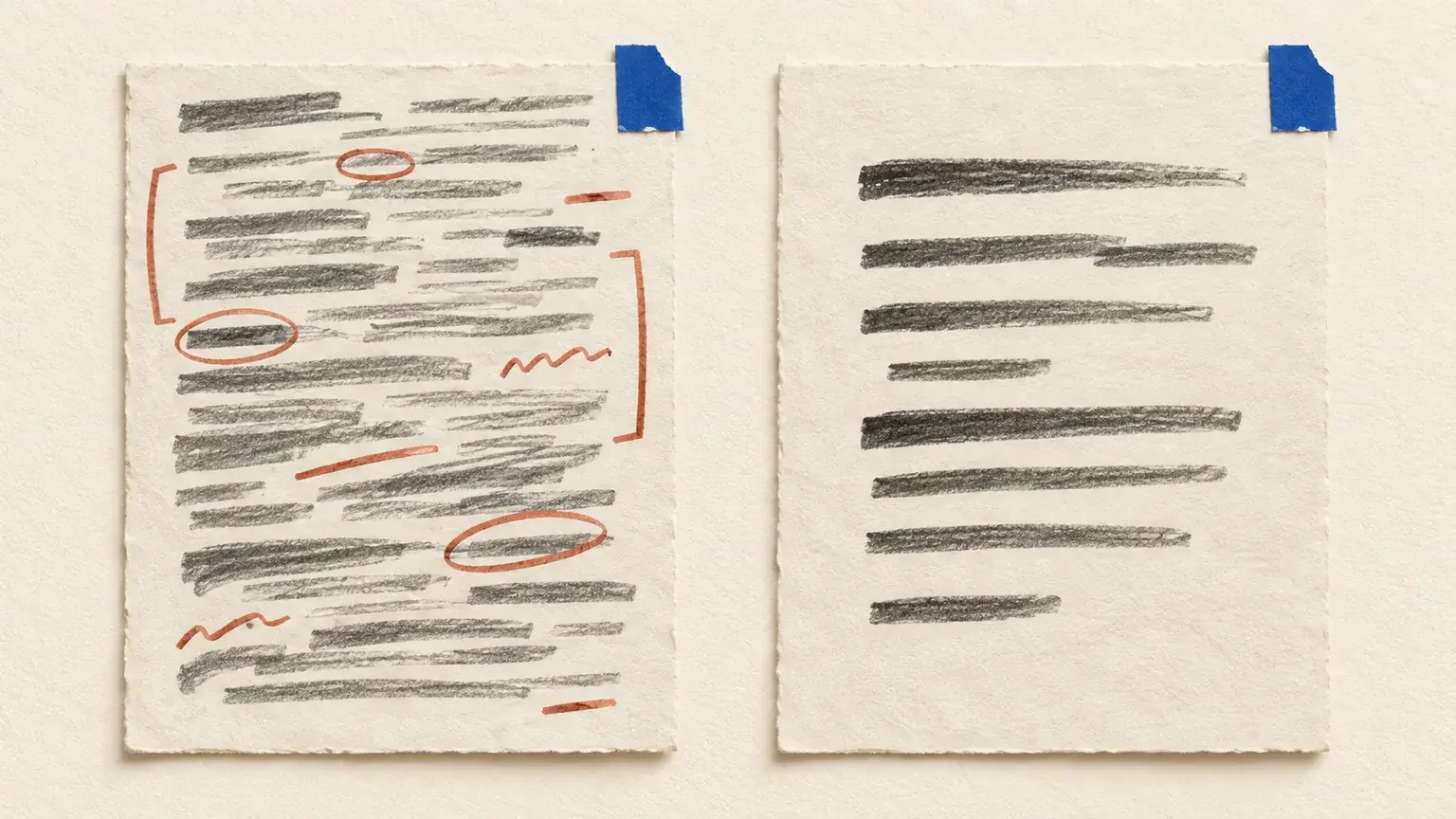 A dense marked-up draft beside a shorter manuscript with matching blue tabs.