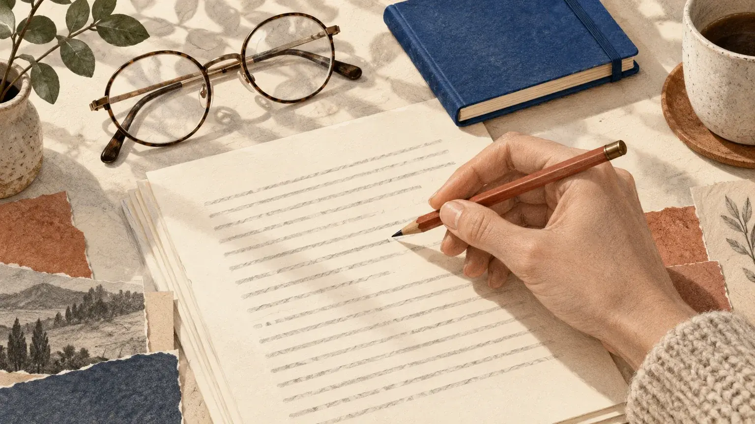 A hand reviewing a manuscript with a pencil beside glasses and a blue notebook.