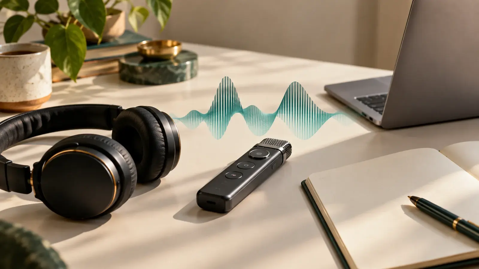 Voice recorder and headphones beside an open notebook, with a teal waveform representing audio transcription.