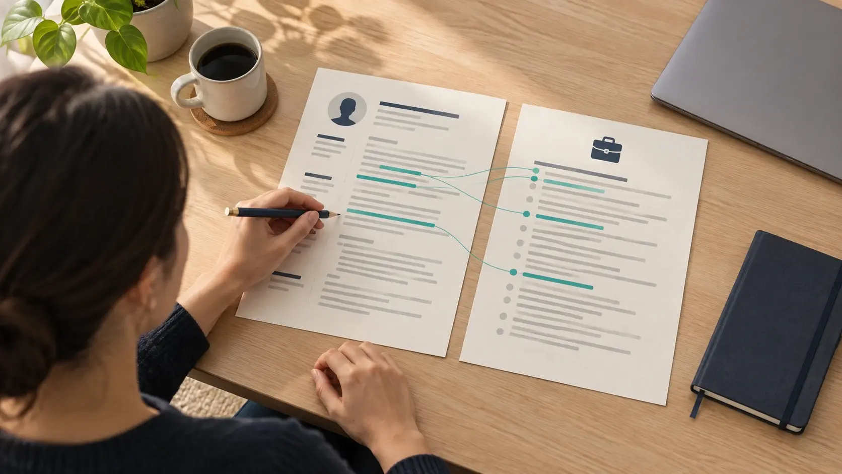 Illustration of a person checking a resume against job requirements, with matching experience highlighted on both documents.