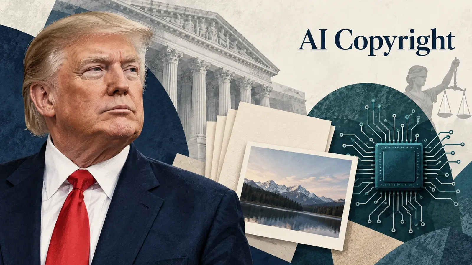 Editorial illustration of Donald Trump beside manuscript pages, a landscape photograph and an AI chip, with courthouse columns and the words AI Copyright.