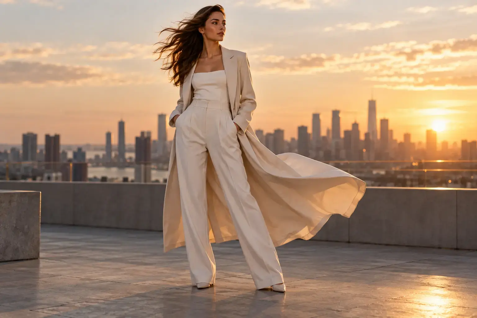 Fashion model on a rooftop with coat and hair moving in a golden-hour breeze.