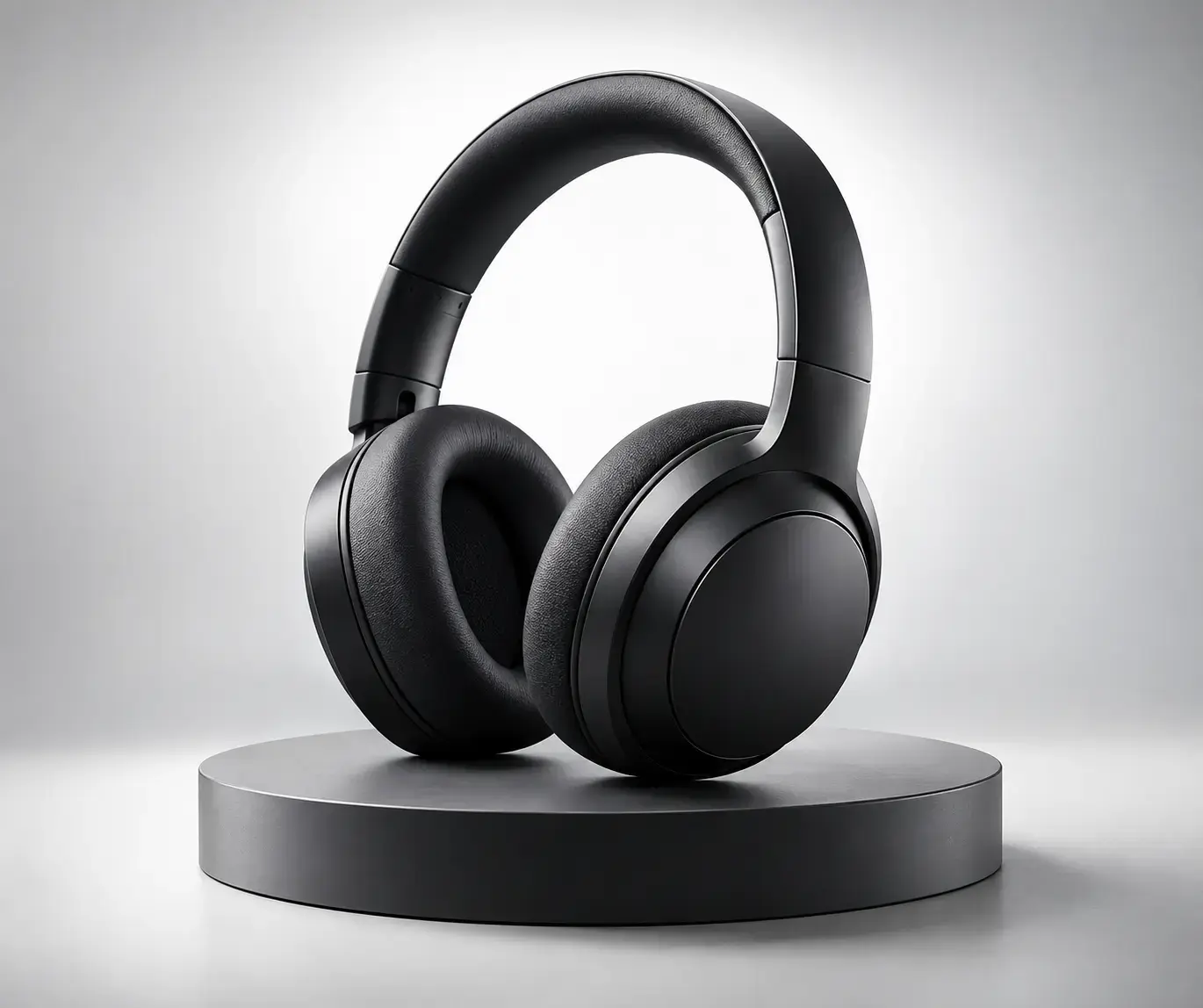 Matte black headphones on a studio turntable with controlled commercial lighting.