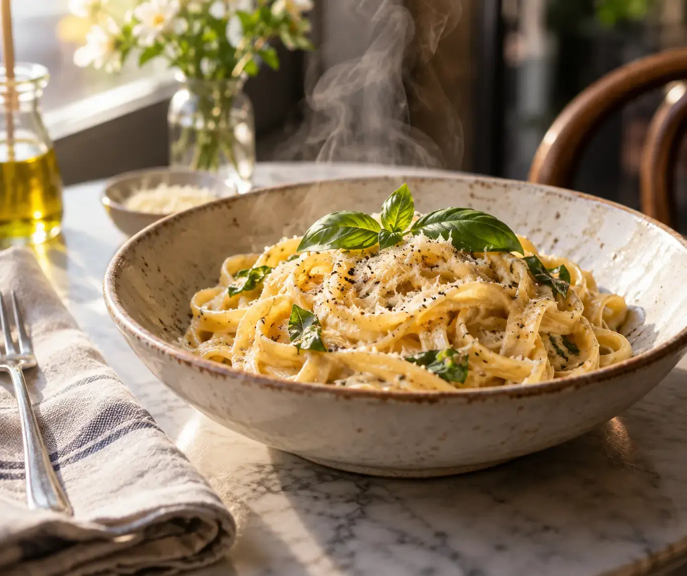 Steaming bowl of creamy pasta photographed in warm café window light.