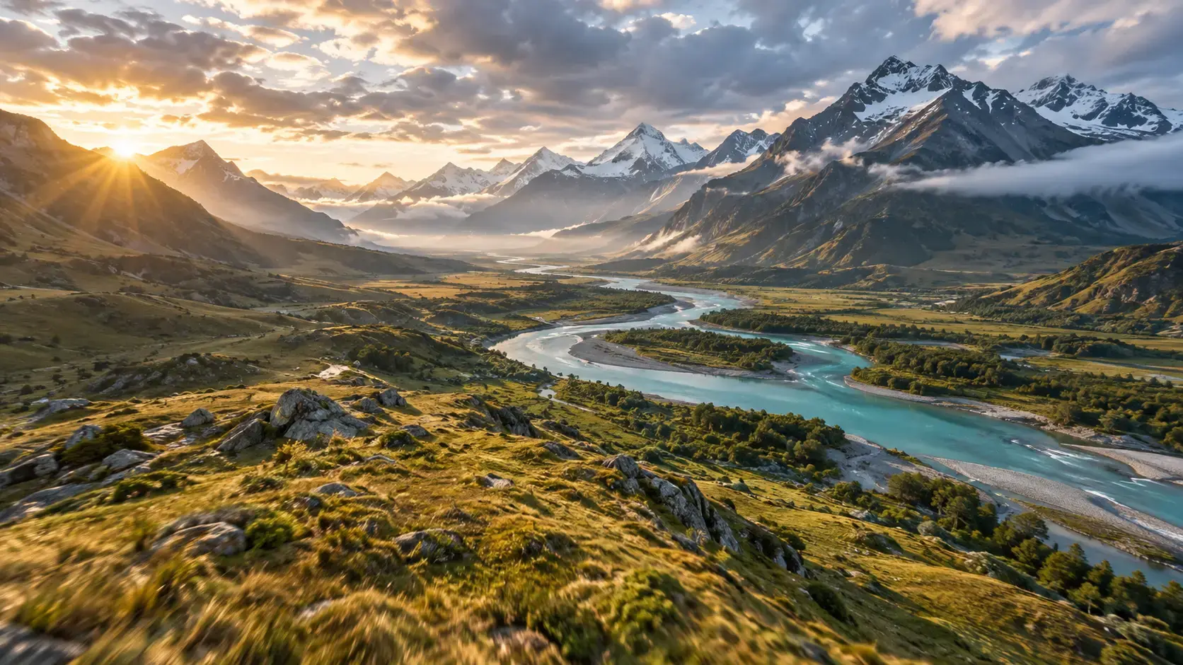 Layered alpine valley and river composed for a cinematic forward drone glide.