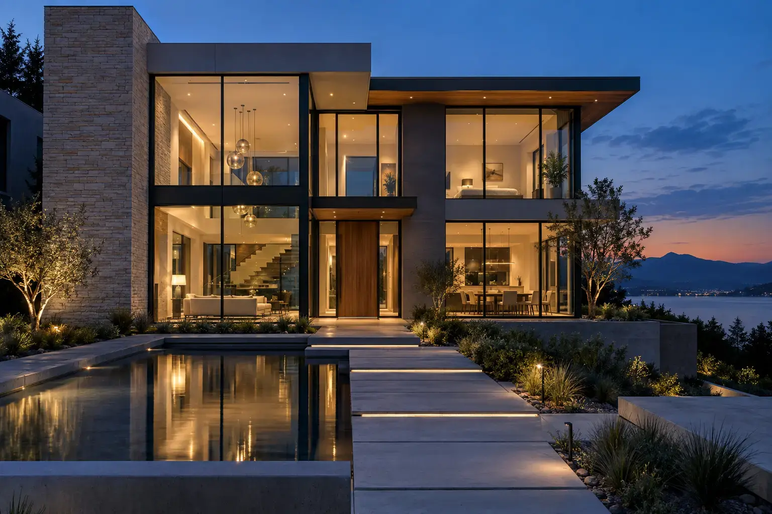 Modern house transitioning into blue hour with warm interior lights illuminated.