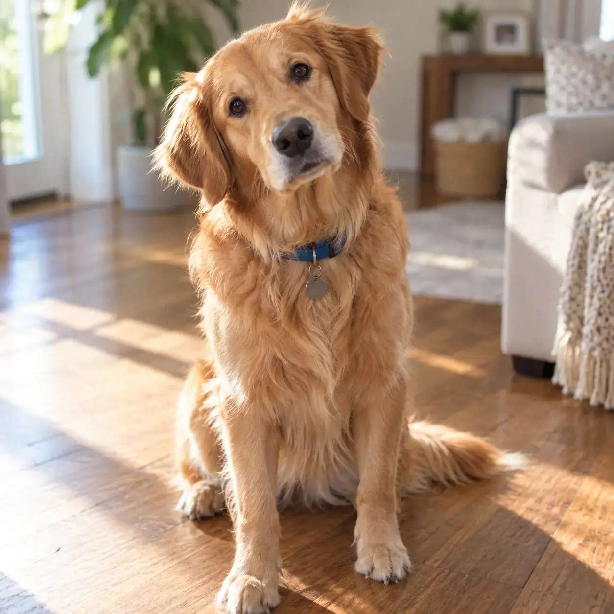 Golden retriever giving a curious head tilt on a warmly lit wooden floor.