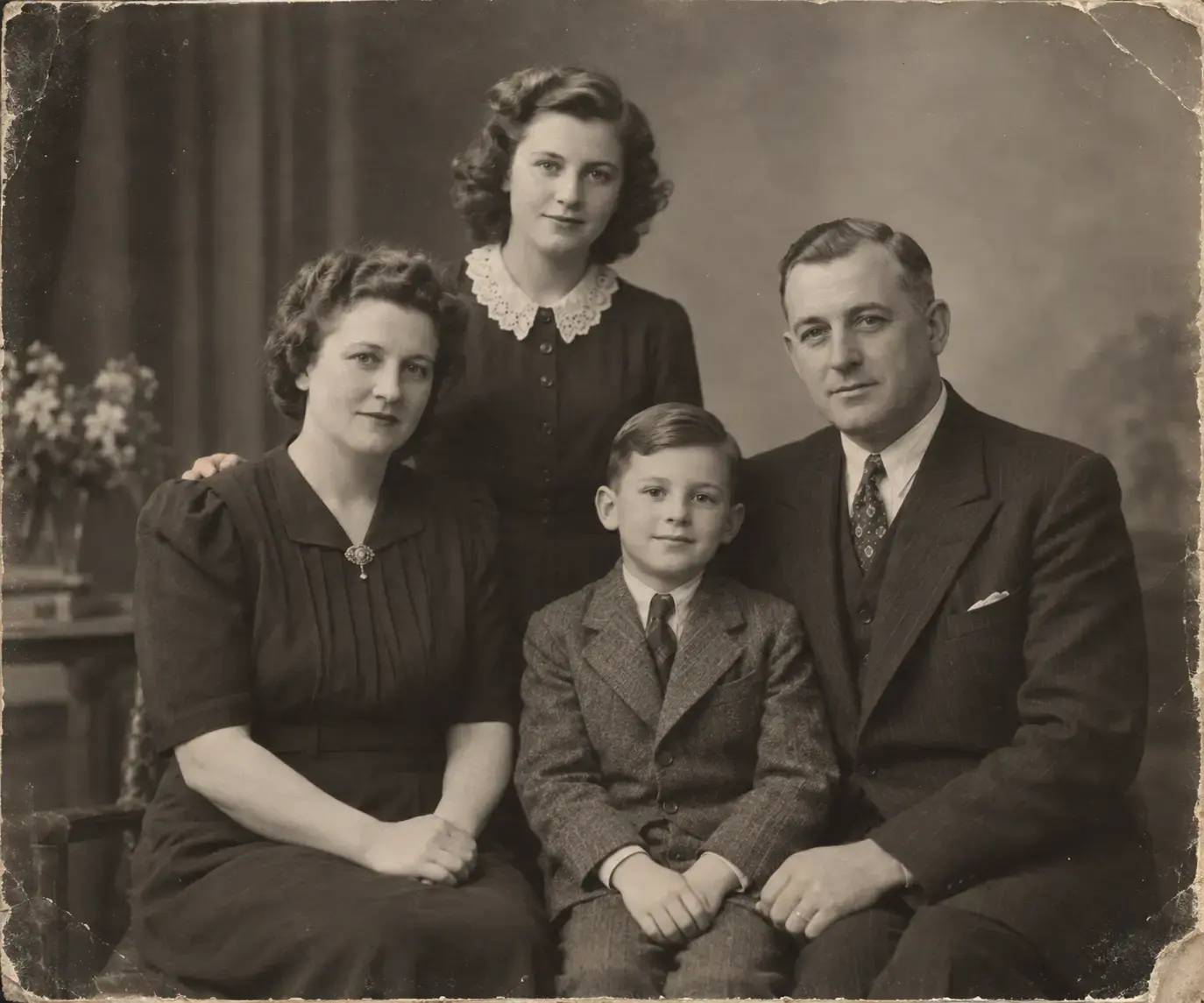 Faded black-and-white 1940s family portrait prepared for subtle memory animation.