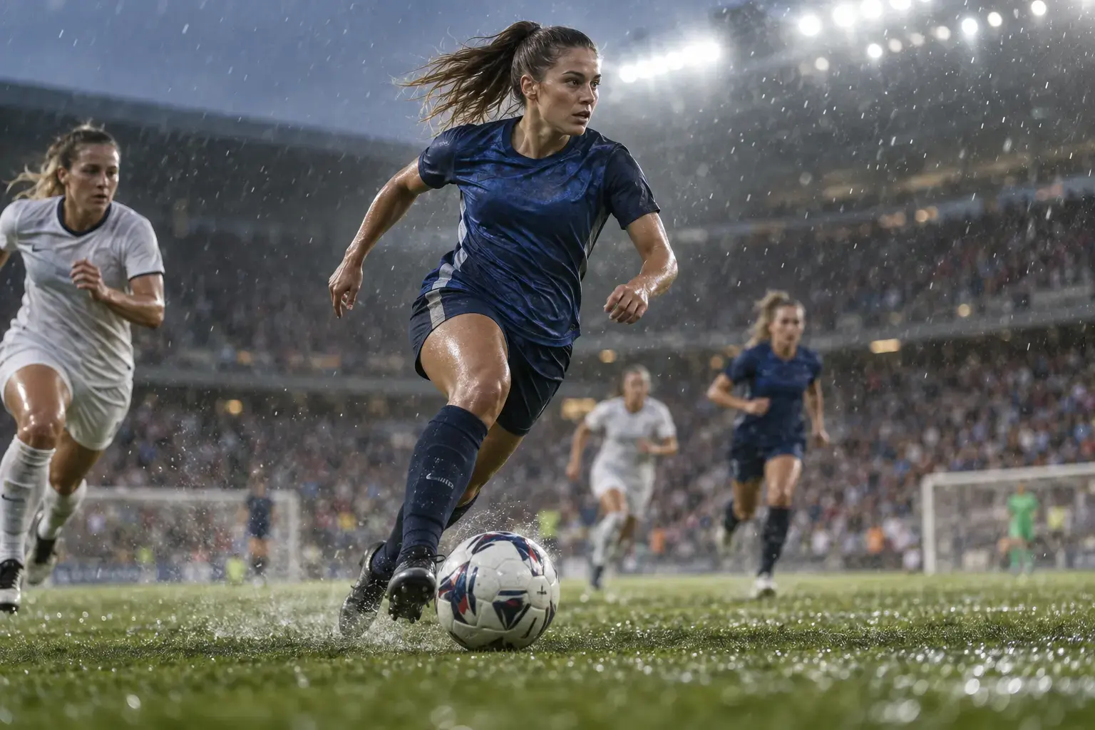 Football player accelerating with the ball on a wet stadium pitch under side lighting.
