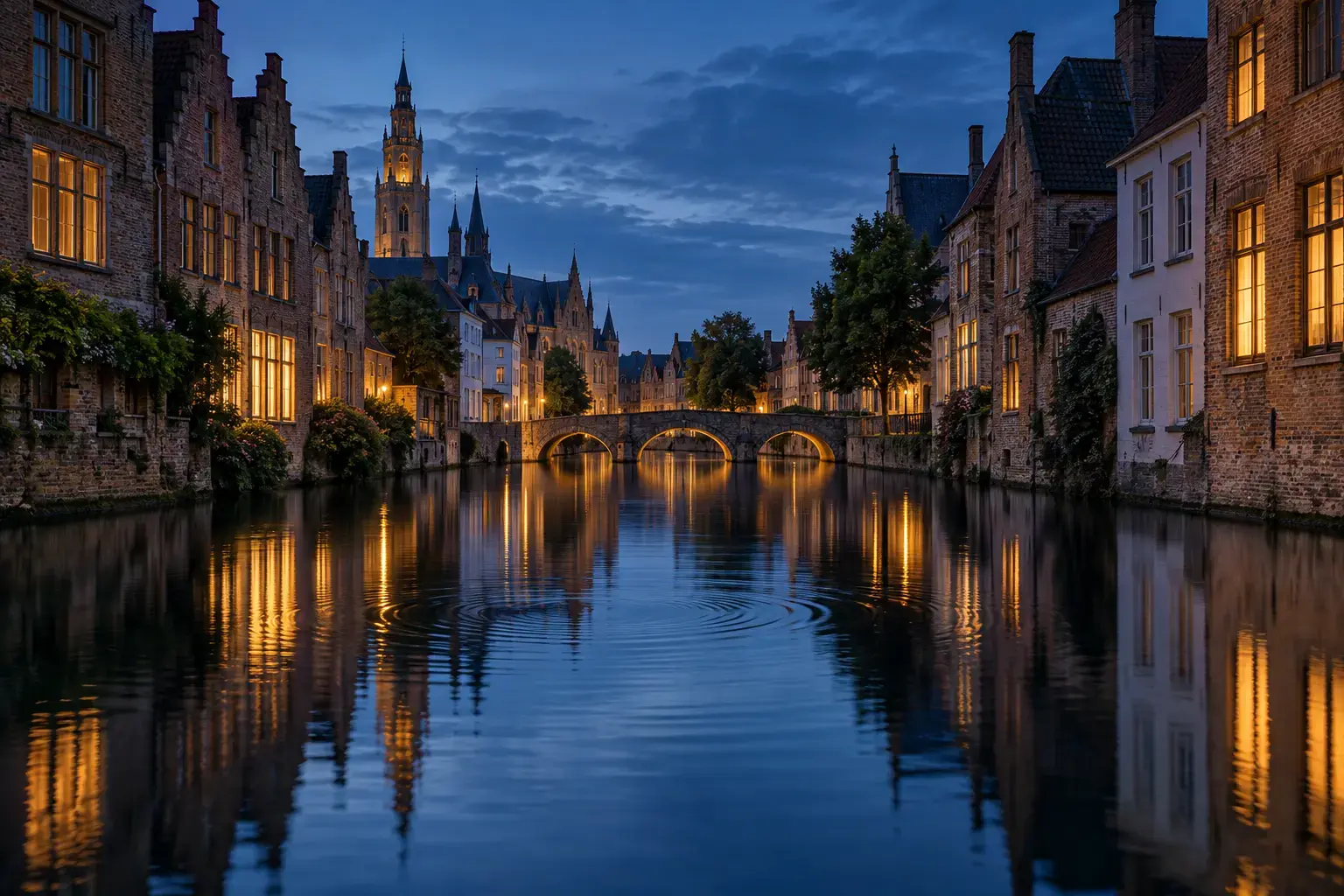 Blue-hour canal with warm building reflections disturbed by delicate water ripples.
