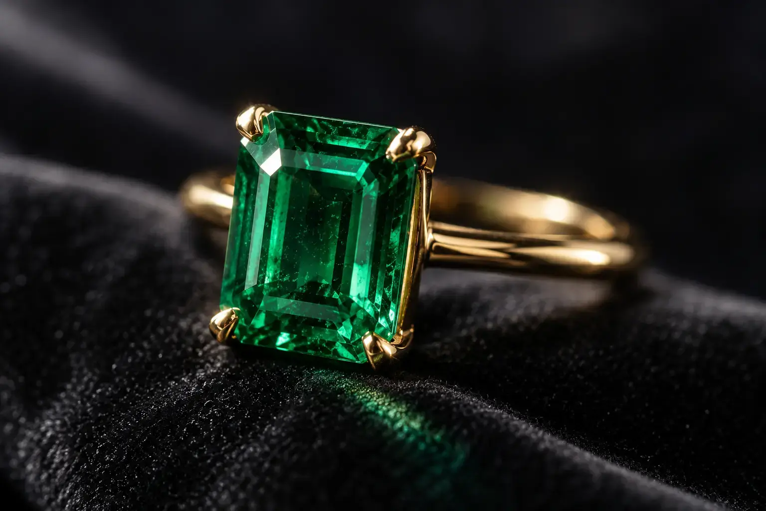 Emerald ring on dark velvet illuminated by a controlled luxury light sweep.