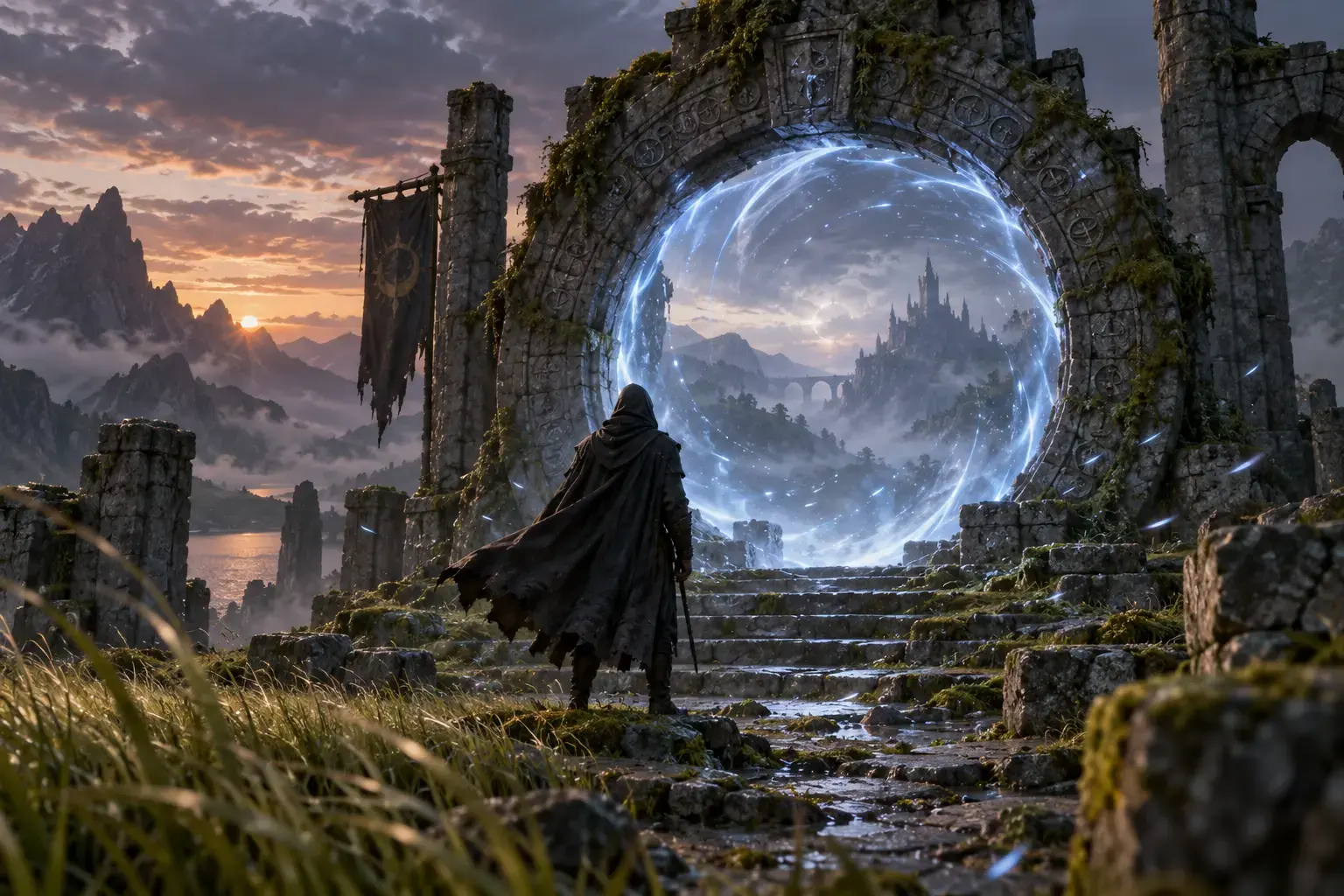 Cloaked traveler watching blue-white energy gather inside an ancient stone portal.