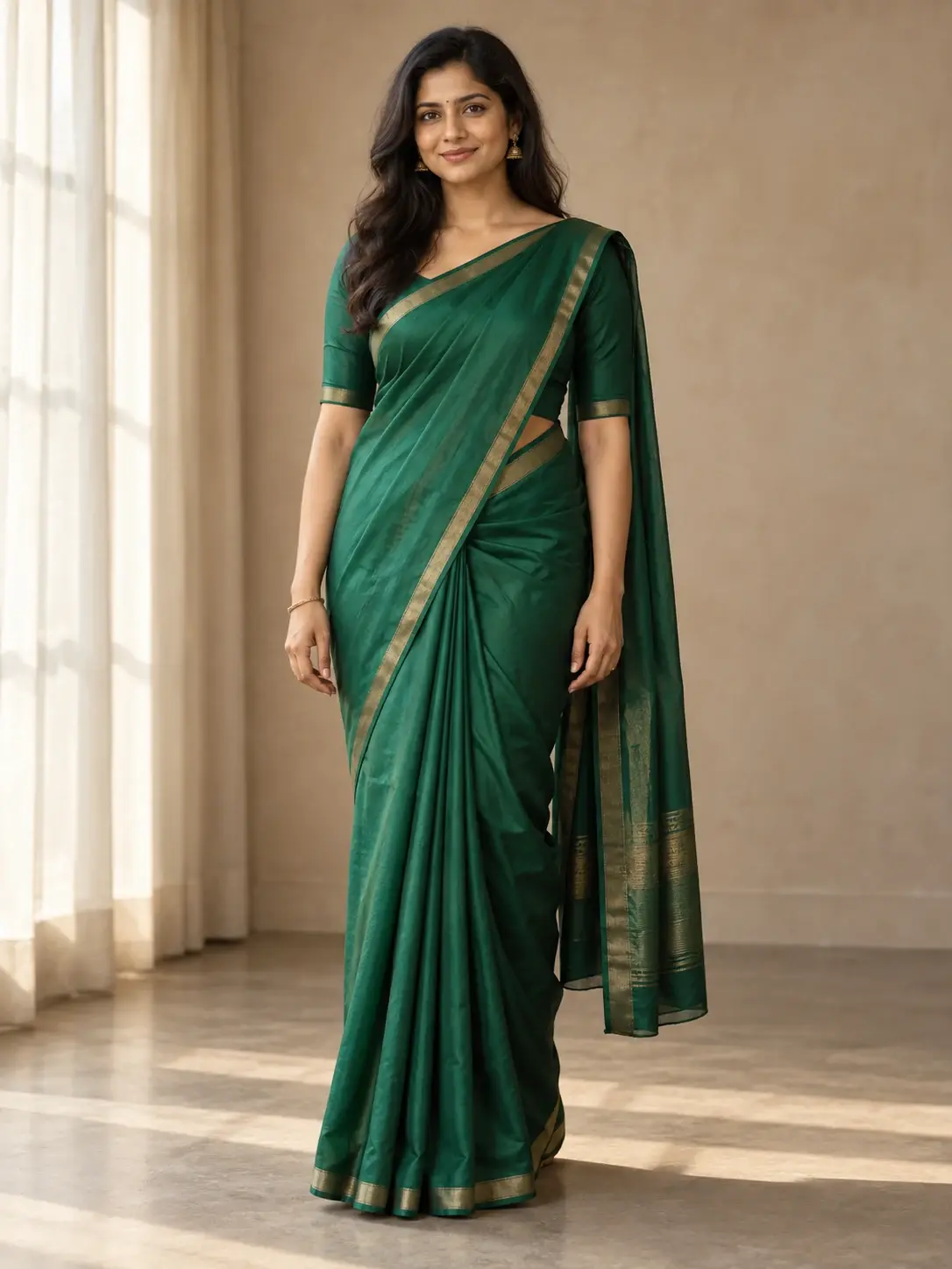 Woman wearing an emerald saree with a gold border and matching blouse in a softly lit studio.