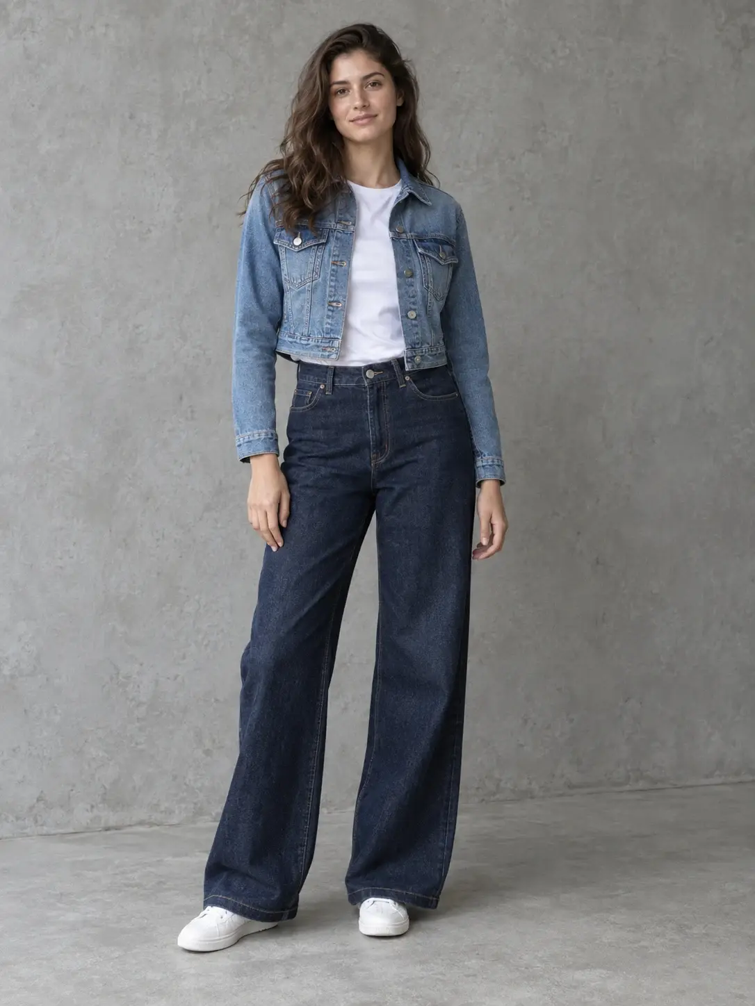 Woman wearing a light denim jacket, white tee, and dark wide-leg jeans against a concrete backdrop.