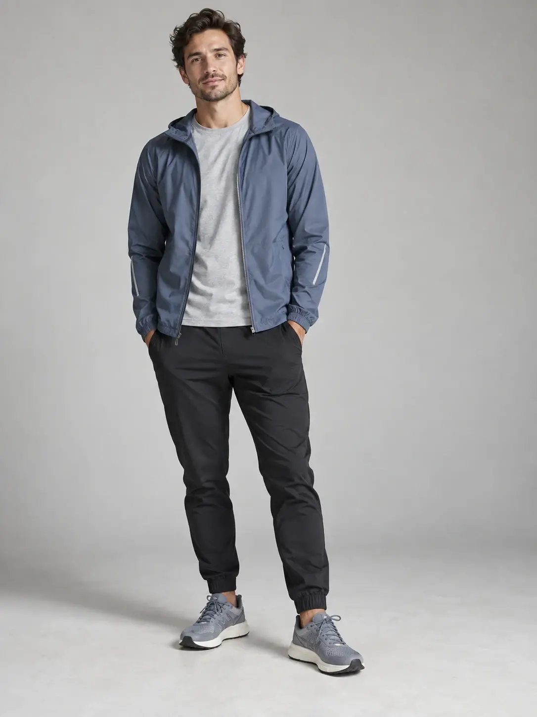 Adult wearing a slate-blue running jacket, gray tee, and black joggers in a neutral studio.