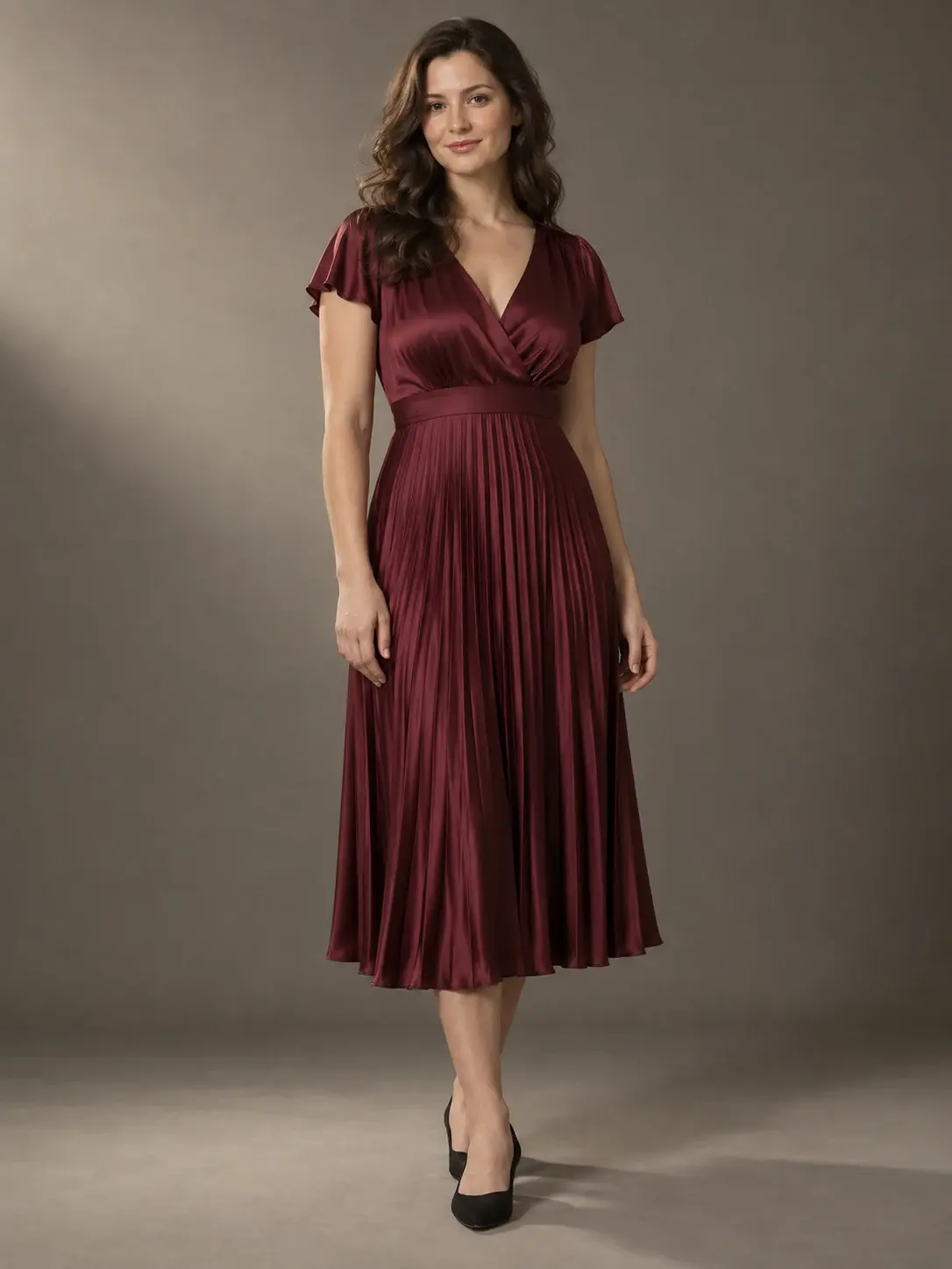 Woman in a burgundy satin midi dress with a pleated skirt and black low heels.