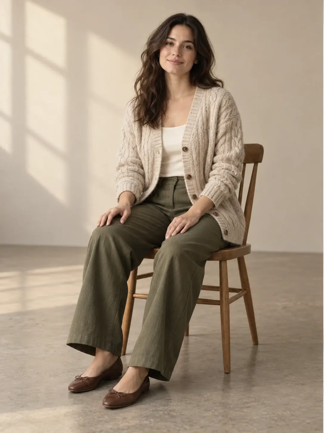 Seated adult wearing an oatmeal cardigan, ivory top, and olive trousers on a wooden chair.