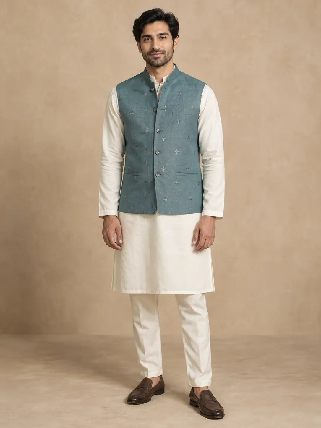 Man wearing an ivory kurta and trousers with a muted teal embroidered waistcoat and brown loafers.