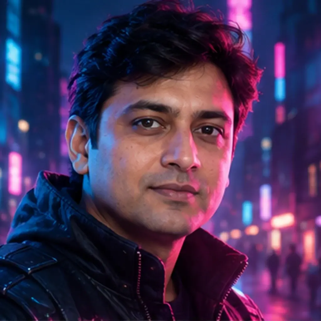 Cyberpunk gaming profile portrait with neon rim lighting and a futuristic city background.