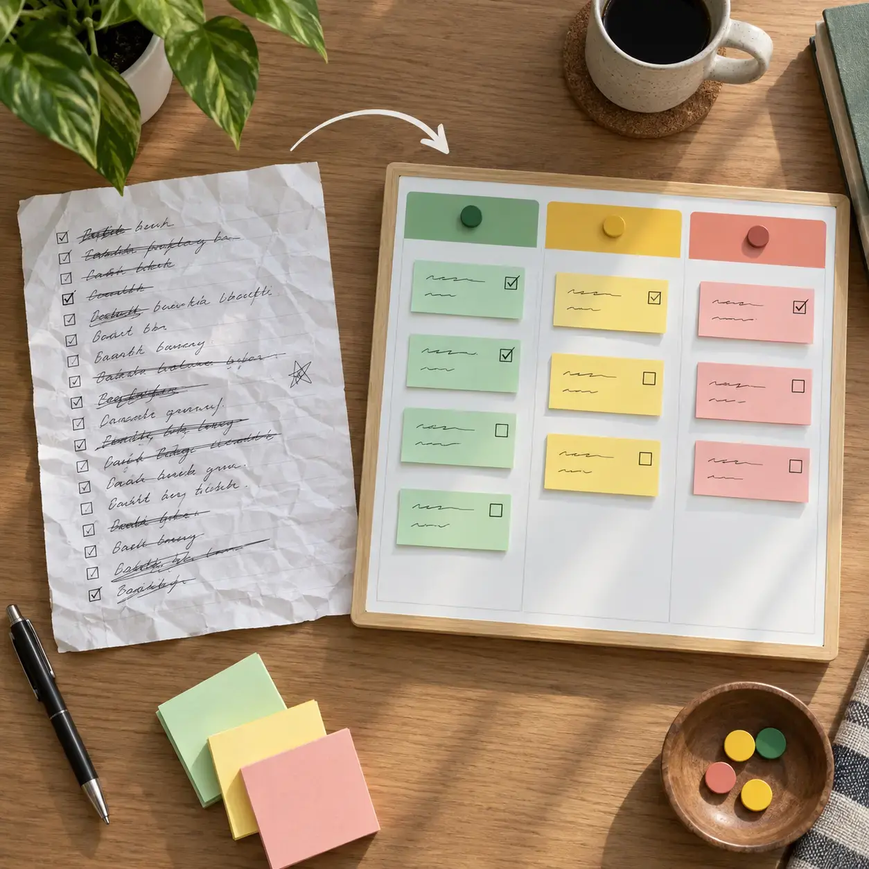 Handwritten task sheet beside a color-coded weekly priority board on a bright desk.