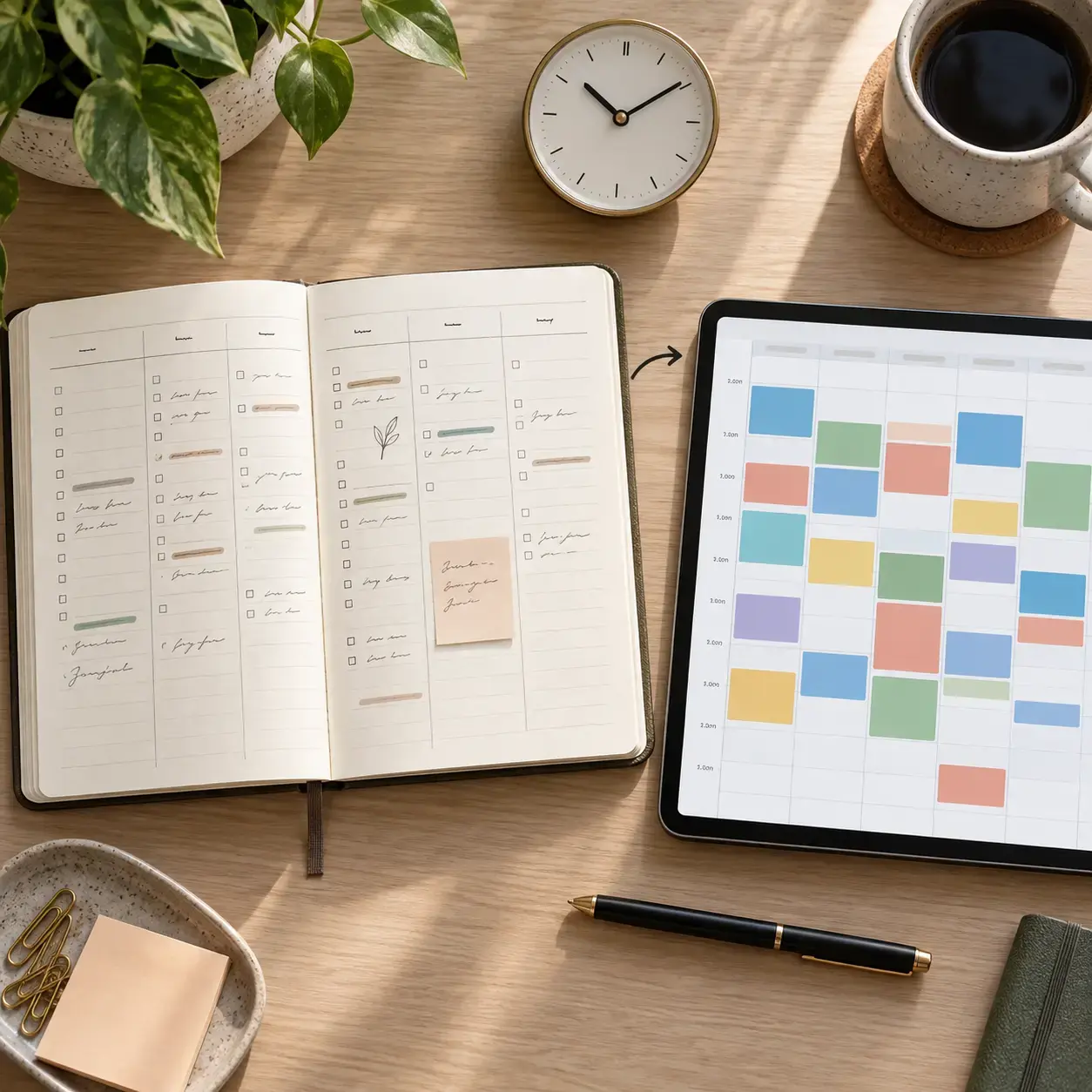 Open weekly planner arranged as a balanced color-coded time-block schedule.