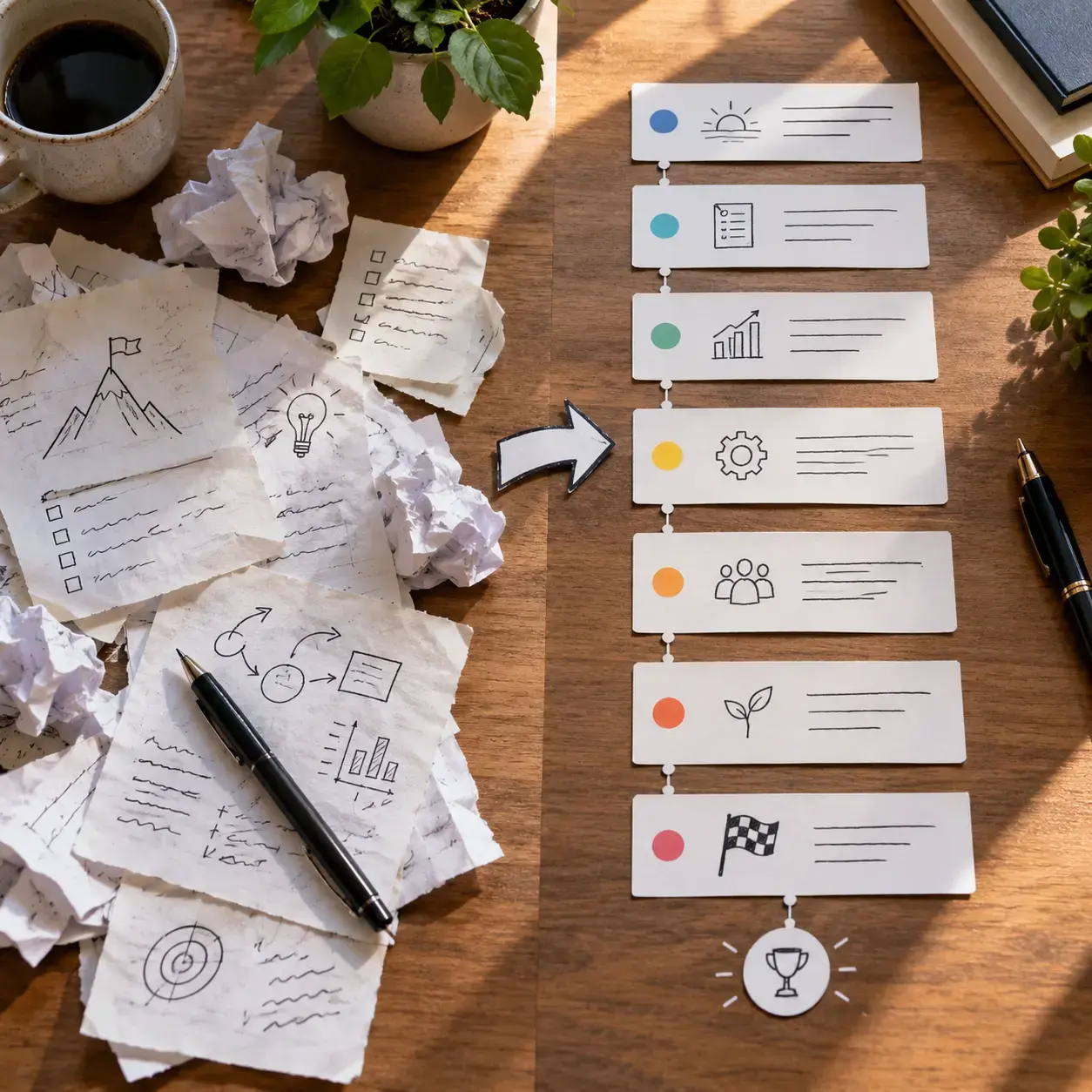 Rough goal notes transformed into a connected weekly milestone roadmap.