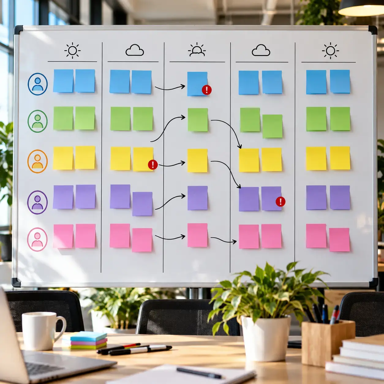 Team whiteboard reorganized into balanced weekday columns with dependency markers.