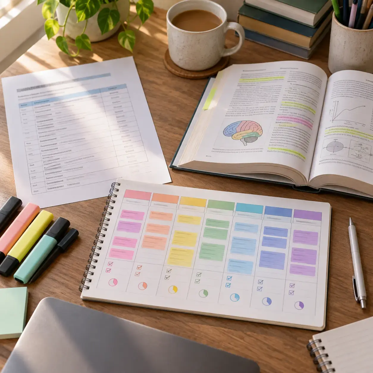 Syllabus and textbook beside a color-coded seven-day study planner.