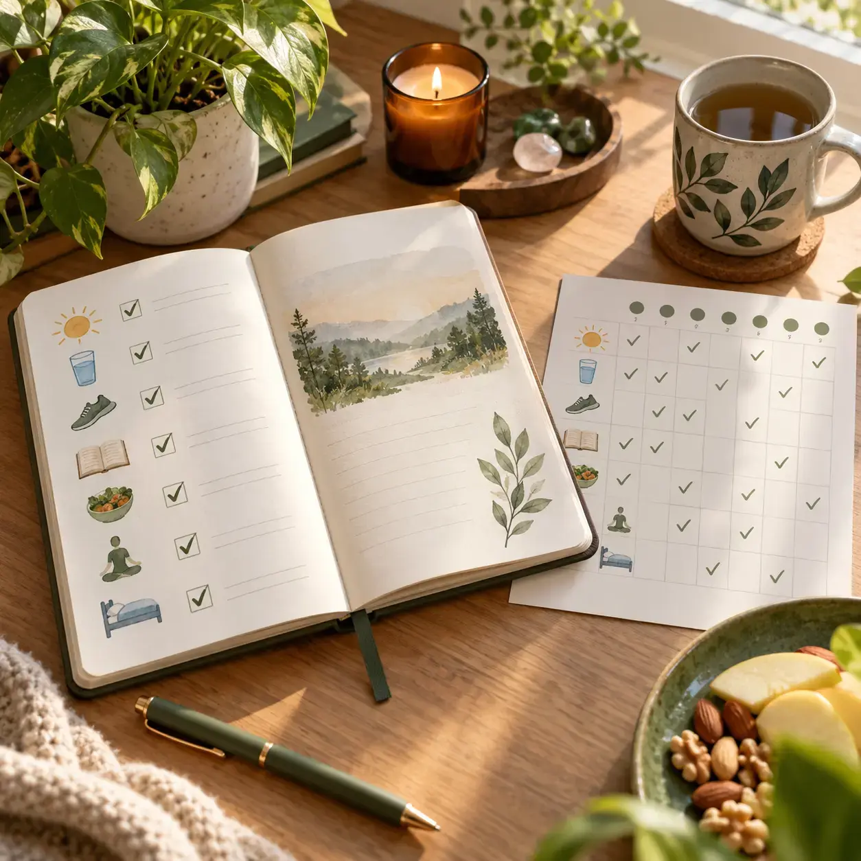 Routine journal beside a minimal seven-day habit tracker in warm morning light.