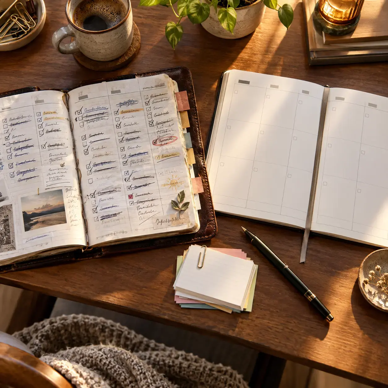Completed weekly planner beside a fresh spread and a small stack of carryover cards.