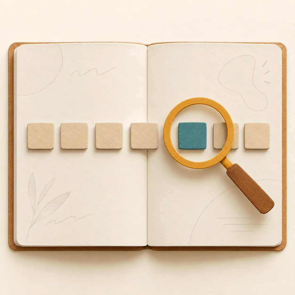 Editorial illustration of a magnifying lens scanning clay tiles beside an open notebook.