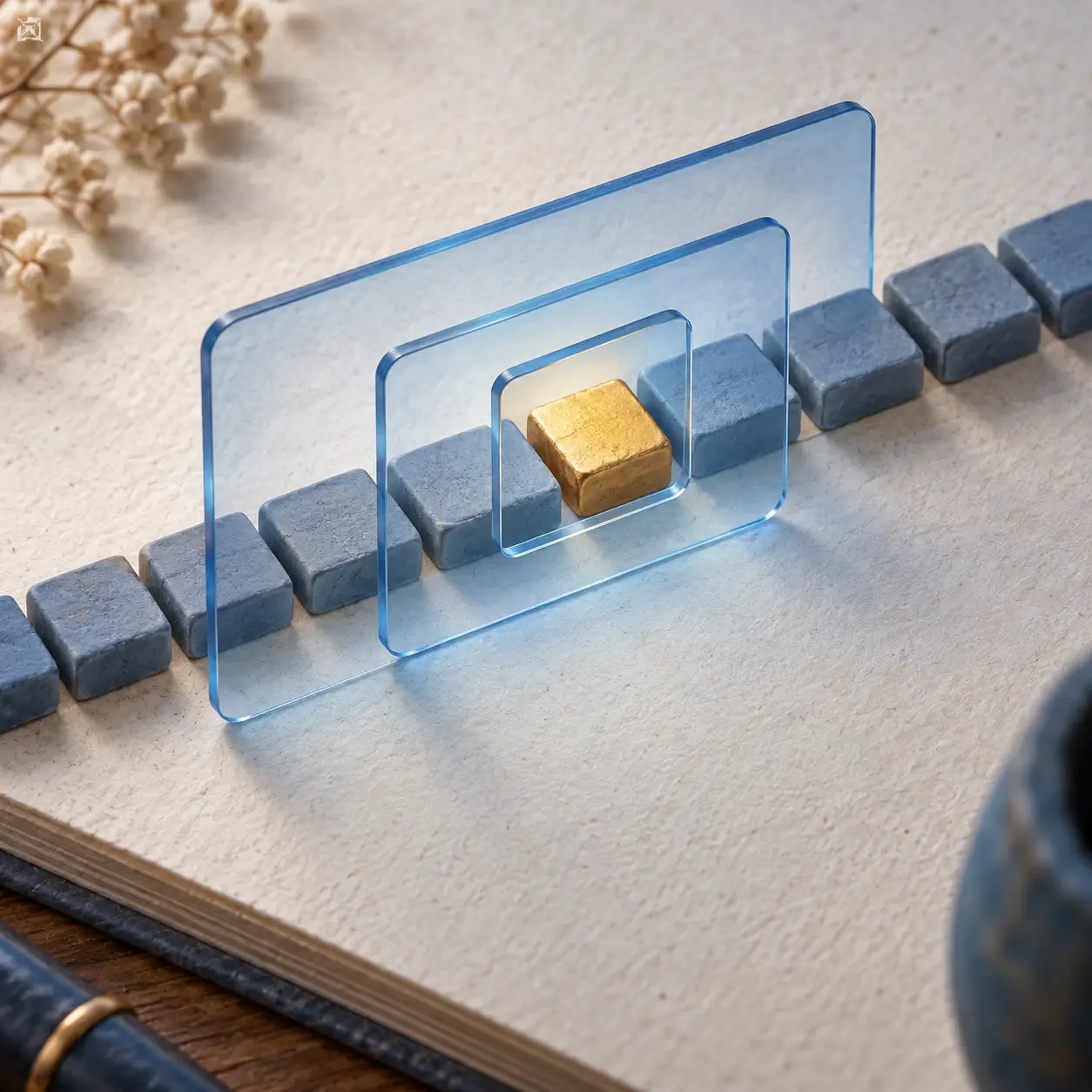 Conceptual illustration of nested blue frames focusing on a golden tile in an ordered row.