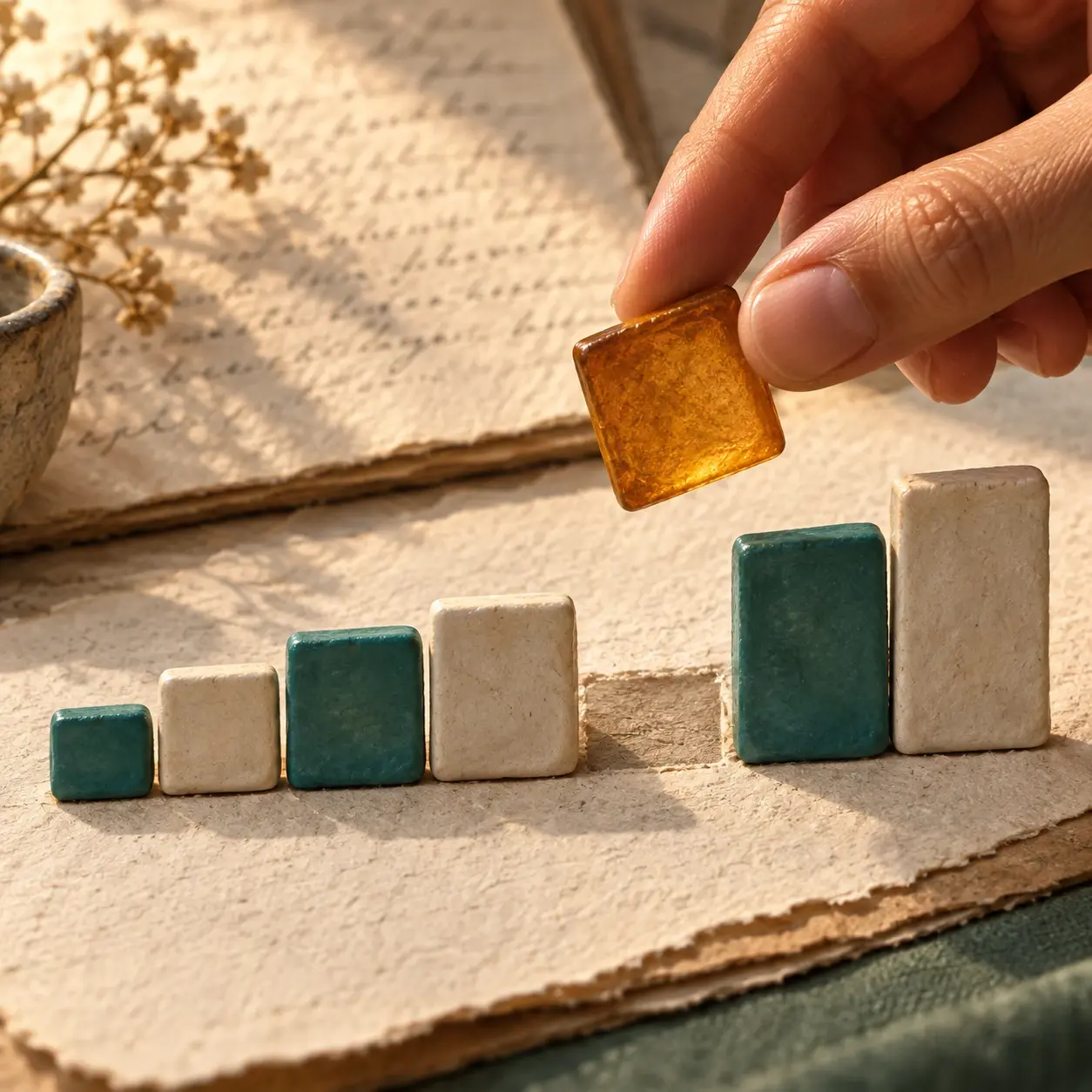 Conceptual illustration of an amber tile being inserted into an ordered line of teal and ivory tiles.