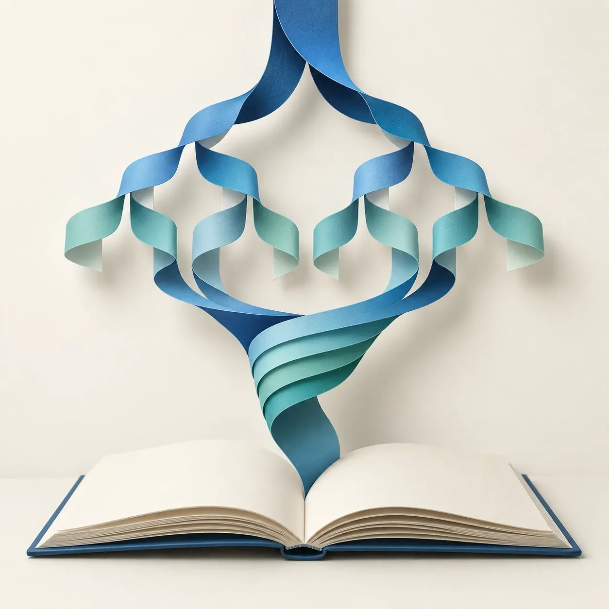 Conceptual paper sculpture of strands separating and recombining above an open notebook.