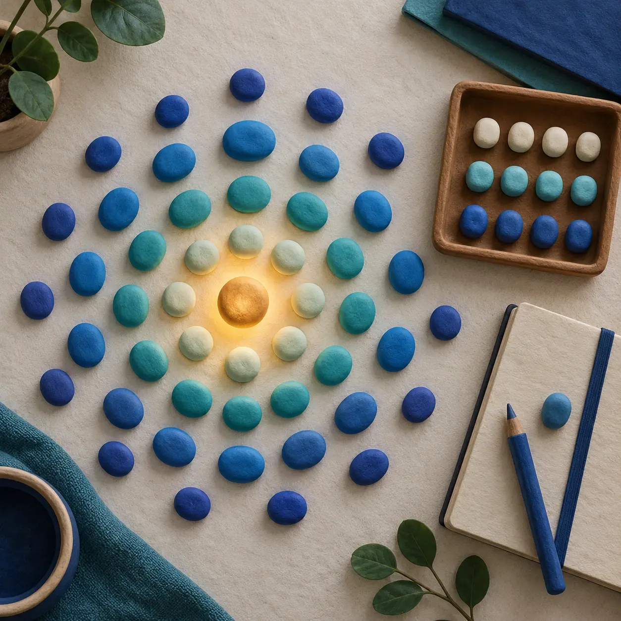 Conceptual illustration of expanding pebble groups and an orderly waiting tray beside a notebook.