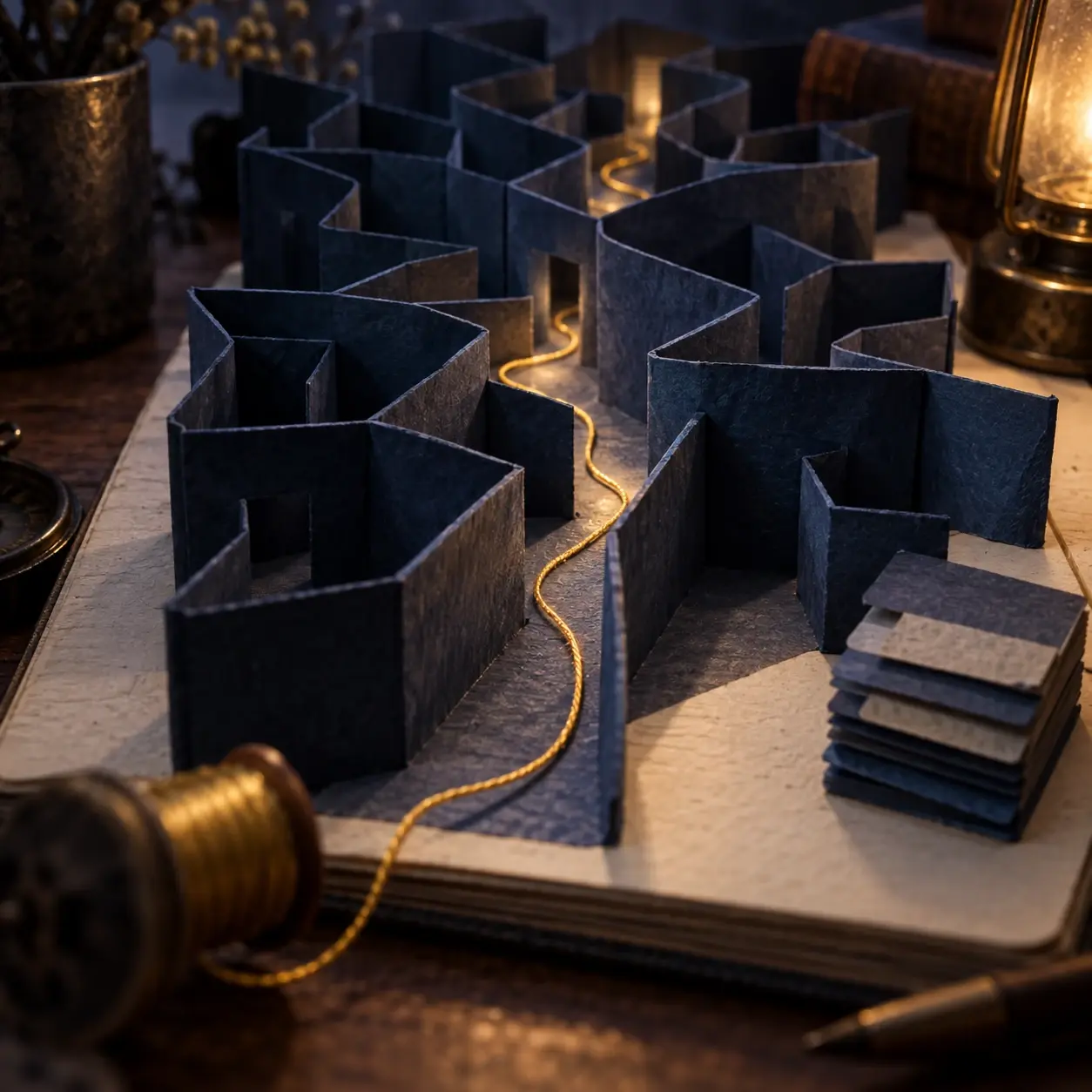 Conceptual illustration of a golden thread exploring folded paper corridors beside stacked tabs.