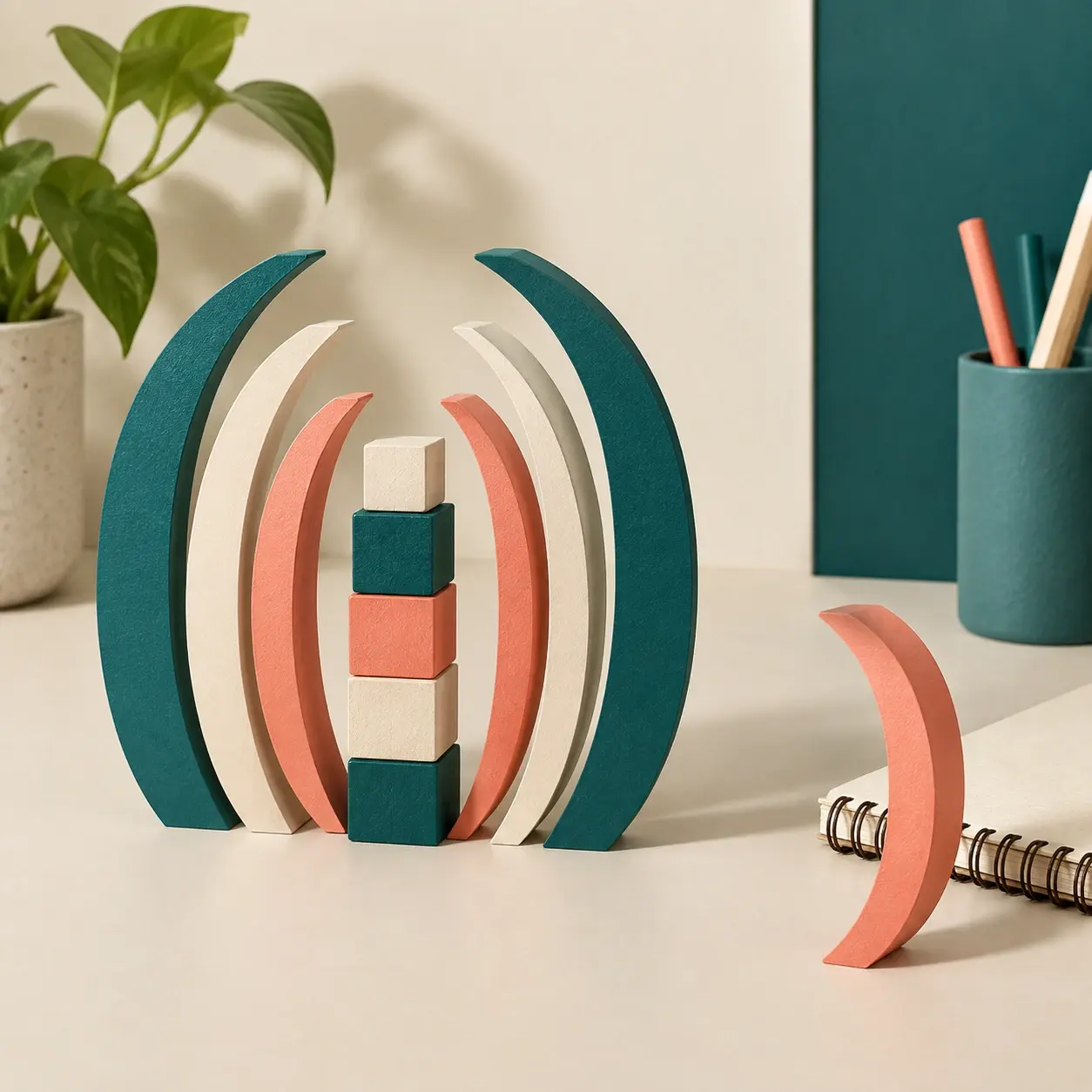 Conceptual illustration of paired paper arches around stacked blocks, with one unmatched arch aside.