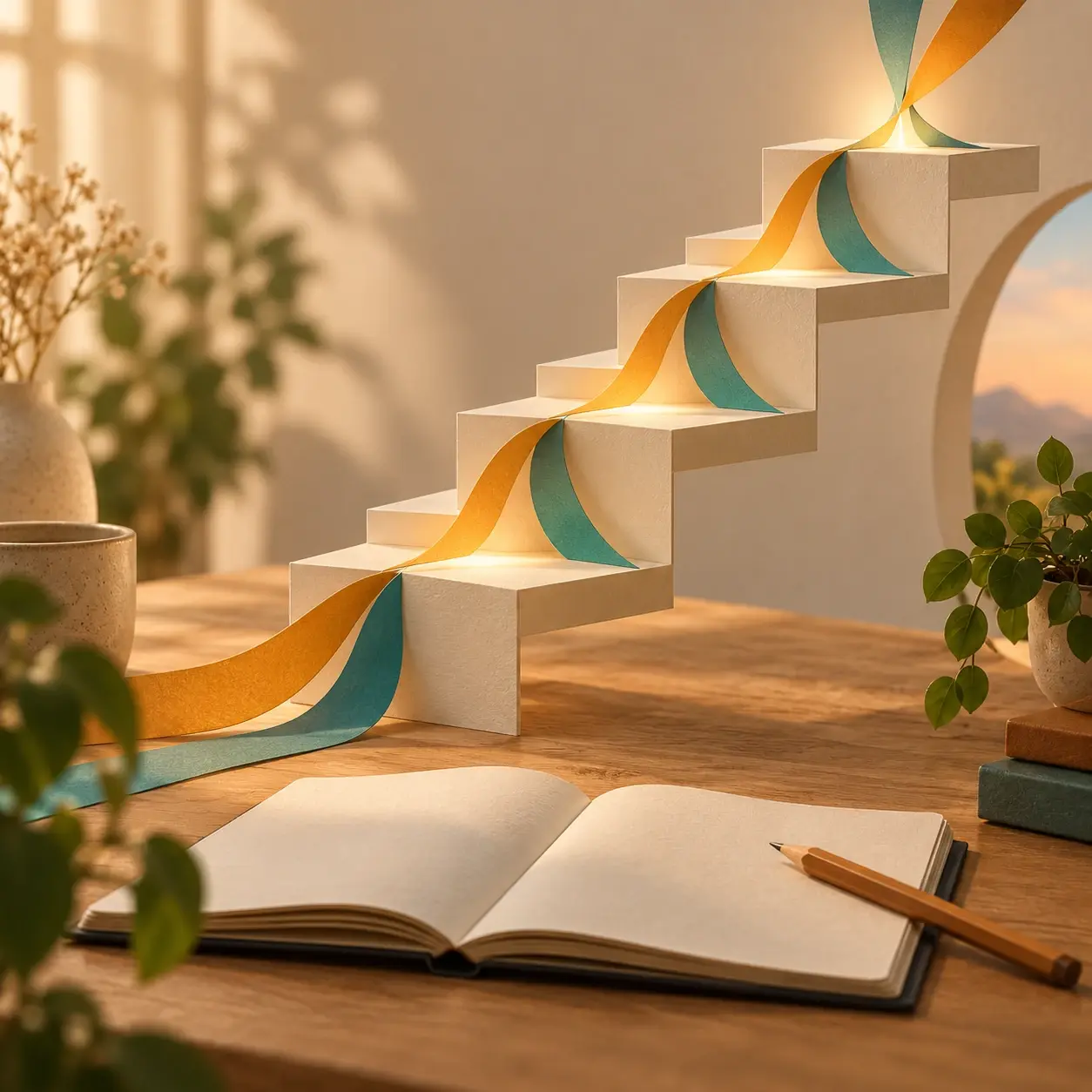 Conceptual illustration of layered paper stairs with two colored ribbons meeting at an upper landing.