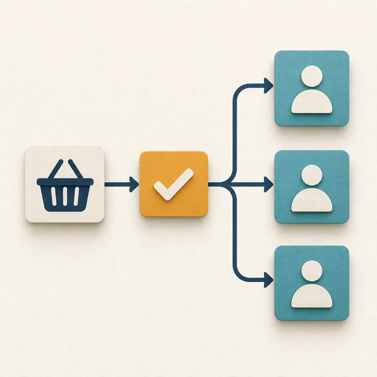 Conceptual purchase approval board with an amber decision tile, teal reviewer cards, and a shopping basket symbol.