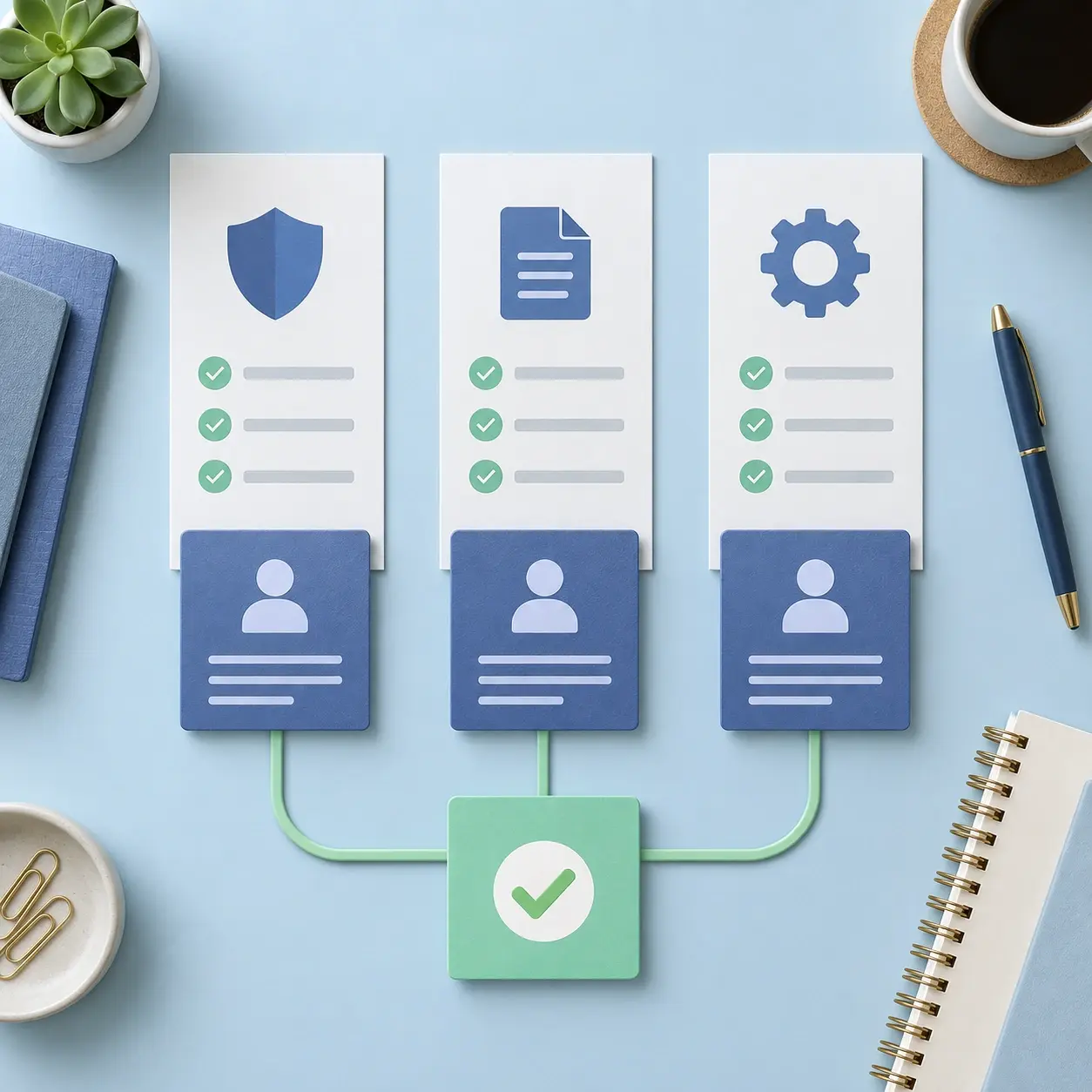 Conceptual vendor review board with three paper lanes marked by shield, document, and gear symbols.