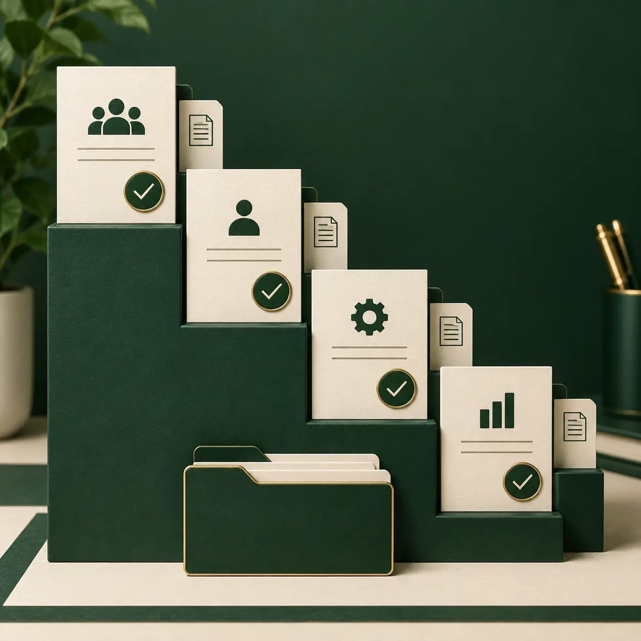 Conceptual budget sign-off board with descending green and cream approval cards and adjacent document tabs.