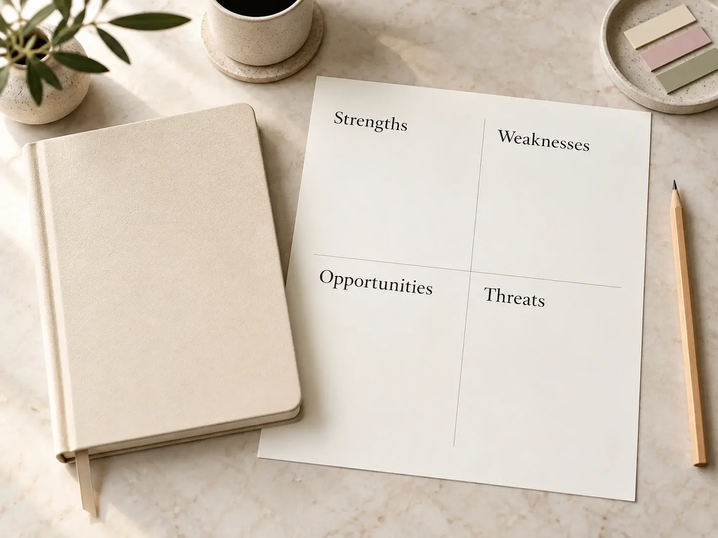 Startup feasibility SWOT sheet beside a founder notebook.