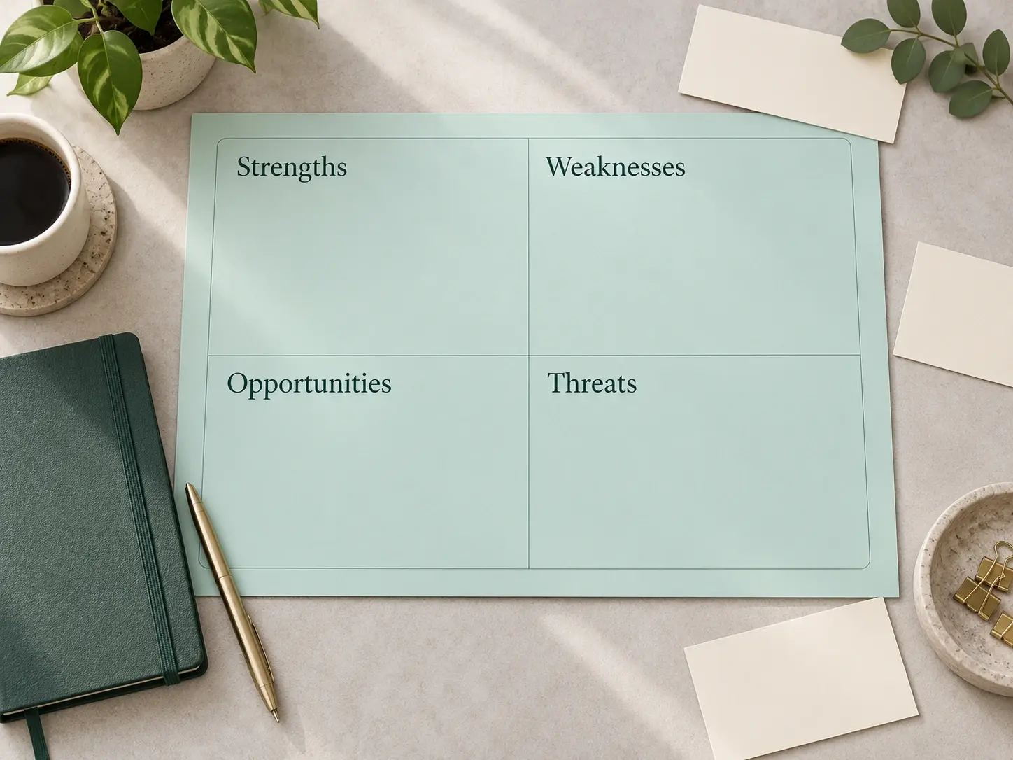 Service SWOT board surrounded by customer feedback cards.