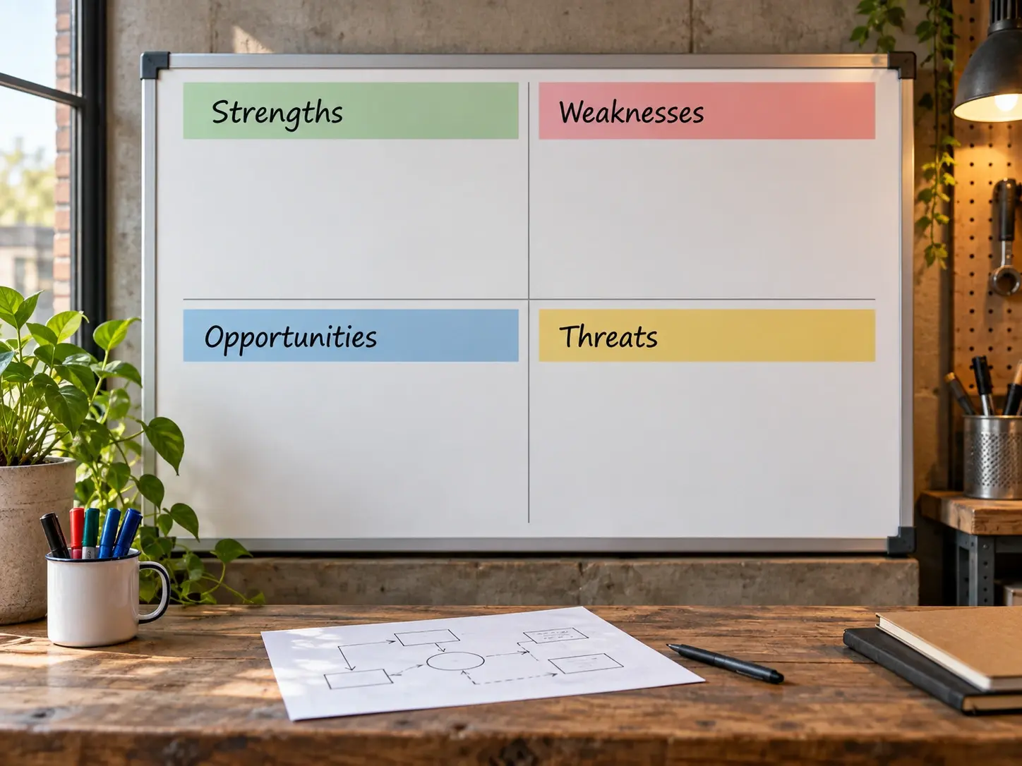 Operations SWOT whiteboard with colored cards and a process sketch.