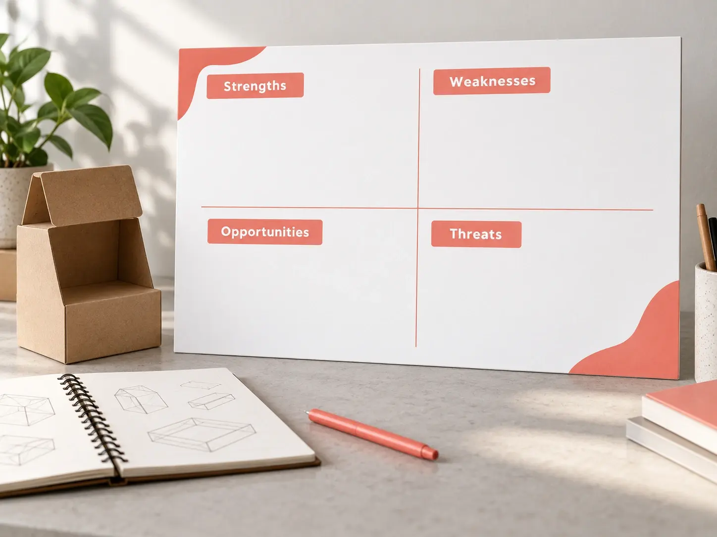 Product launch SWOT board beside a cardboard prototype and sketchbook.