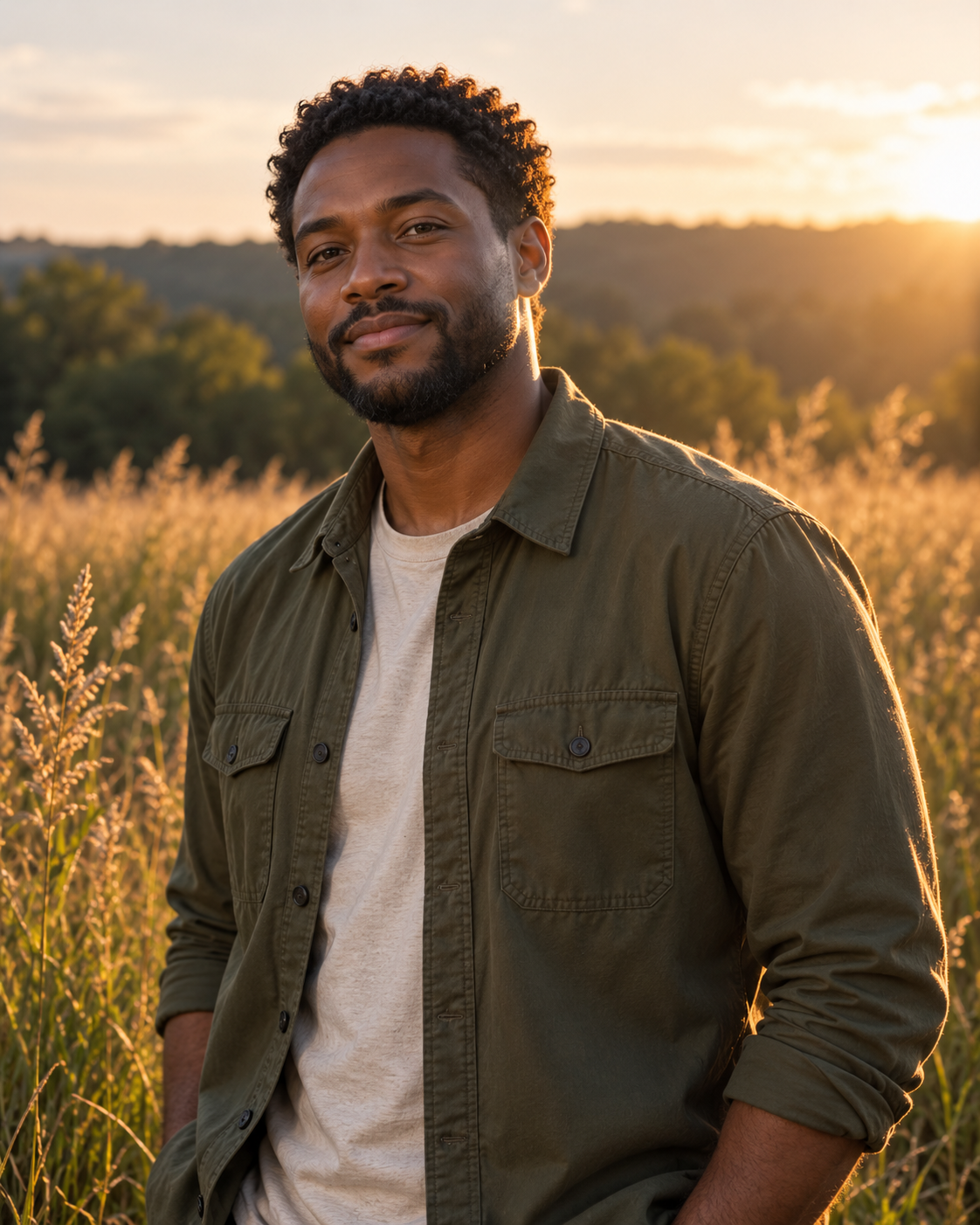 Man in an olive overshirt beside grasses, with warm sunset light outlining his hair and shoulders.