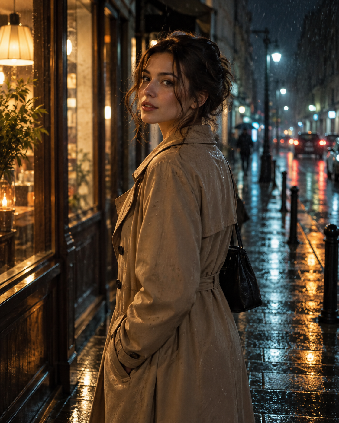 Woman in a tan trench coat on a rainy night sidewalk beside a warmly lit shop window.