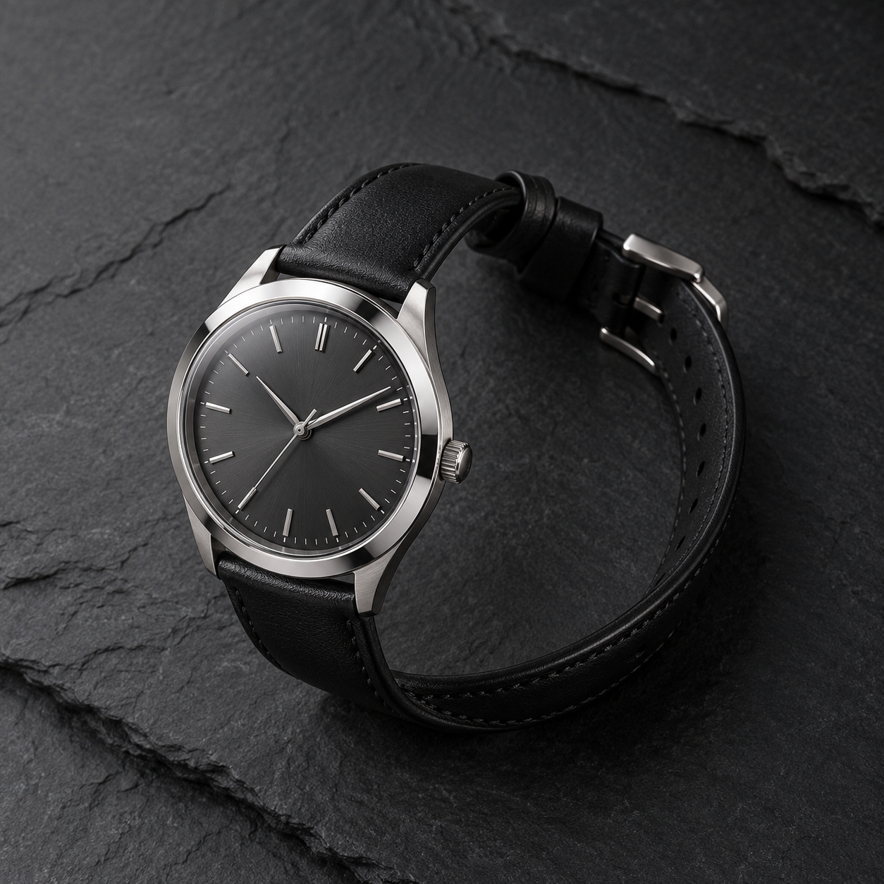 Stainless-steel watch with a black leather strap on dark slate under controlled studio light.