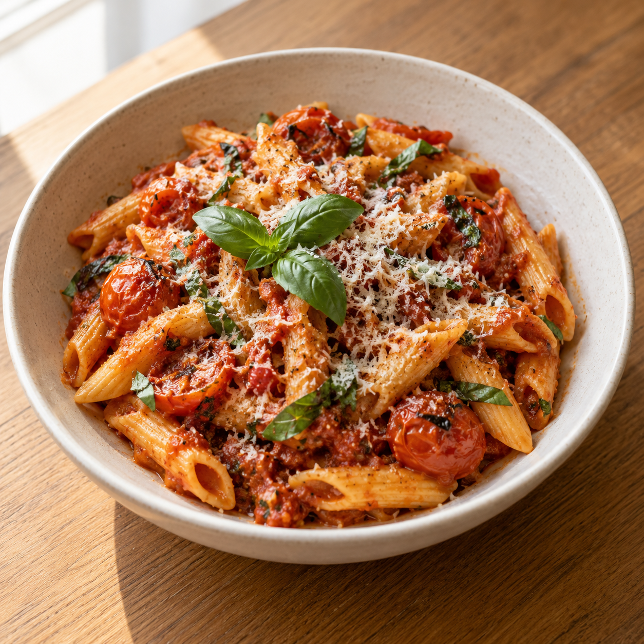 Bowl of tomato pasta with basil and cheese on an oak table in soft window light.